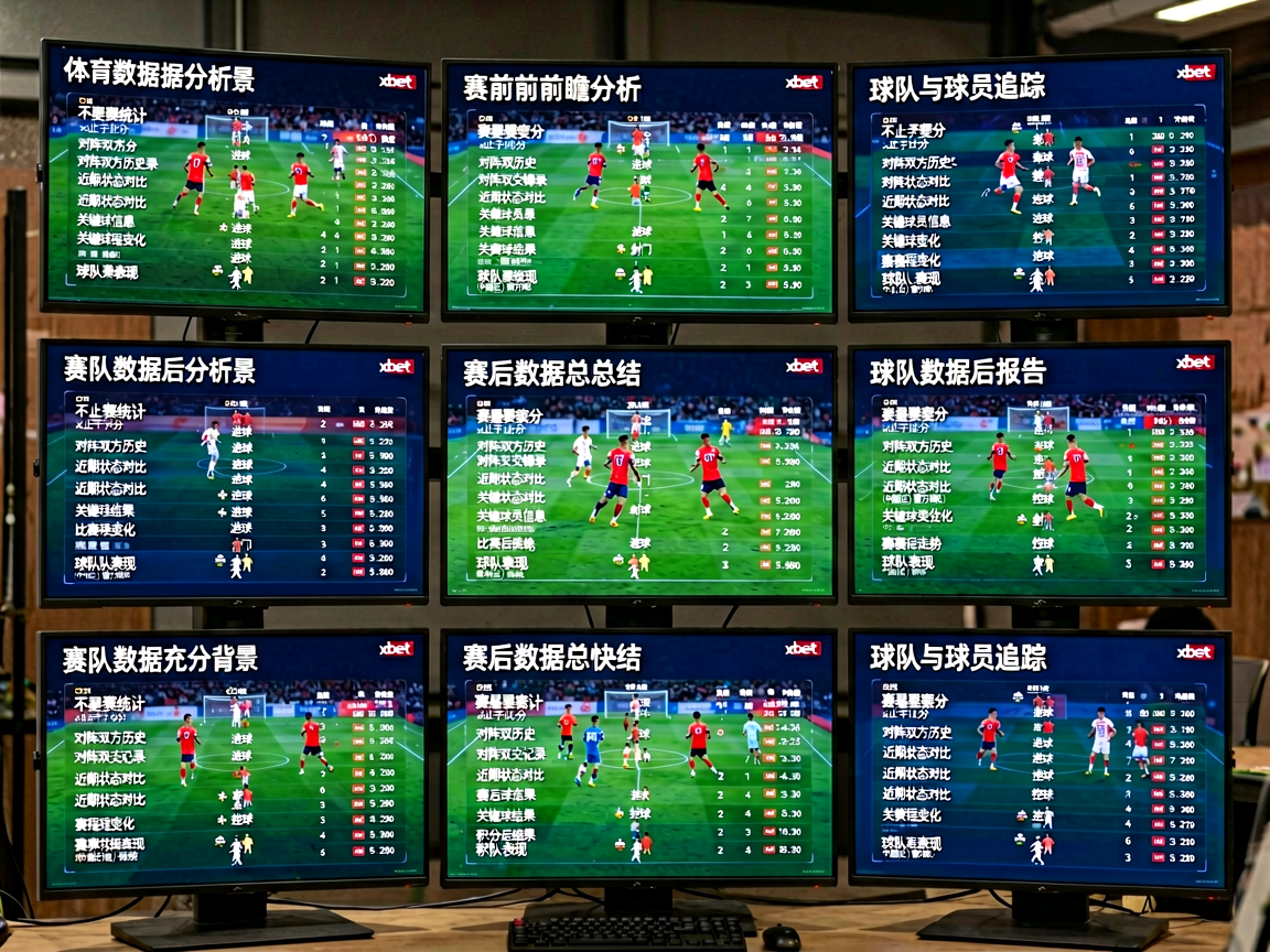 体育数据分析场景，多块屏幕显示比赛统计图表和球员数据